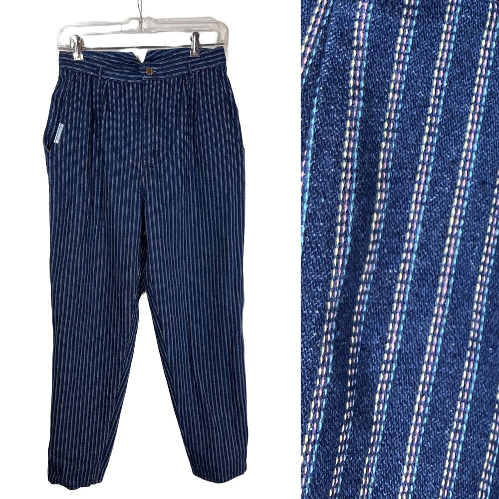 Vintage Gitano Blue Pastel Rainbow Striped Mom Jeans 1980s, High V Back Waist